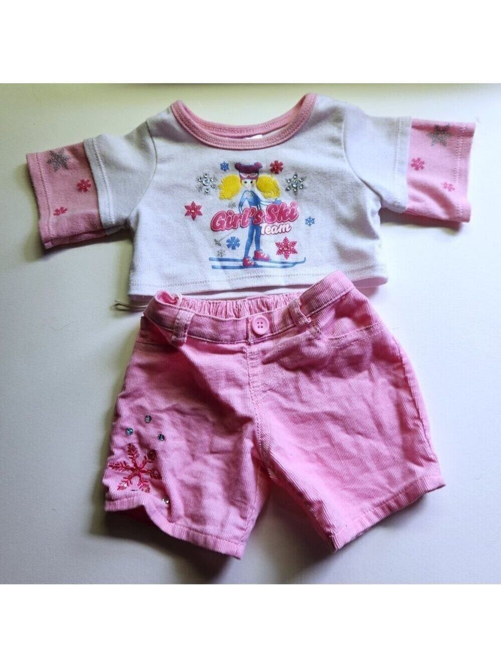 Build a Bear Girls Ski Team Winter Outfit Top and Shorts White Pink Snowflake